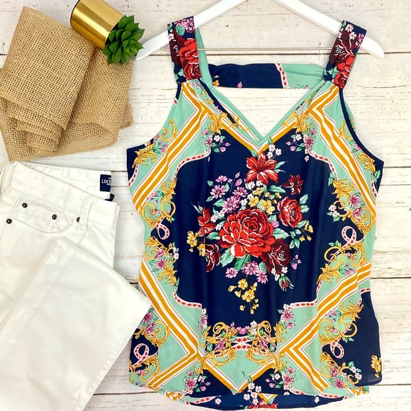 DR2 Tops - DR2 Top Blouse Indigo Gold Floral Size Large NWT